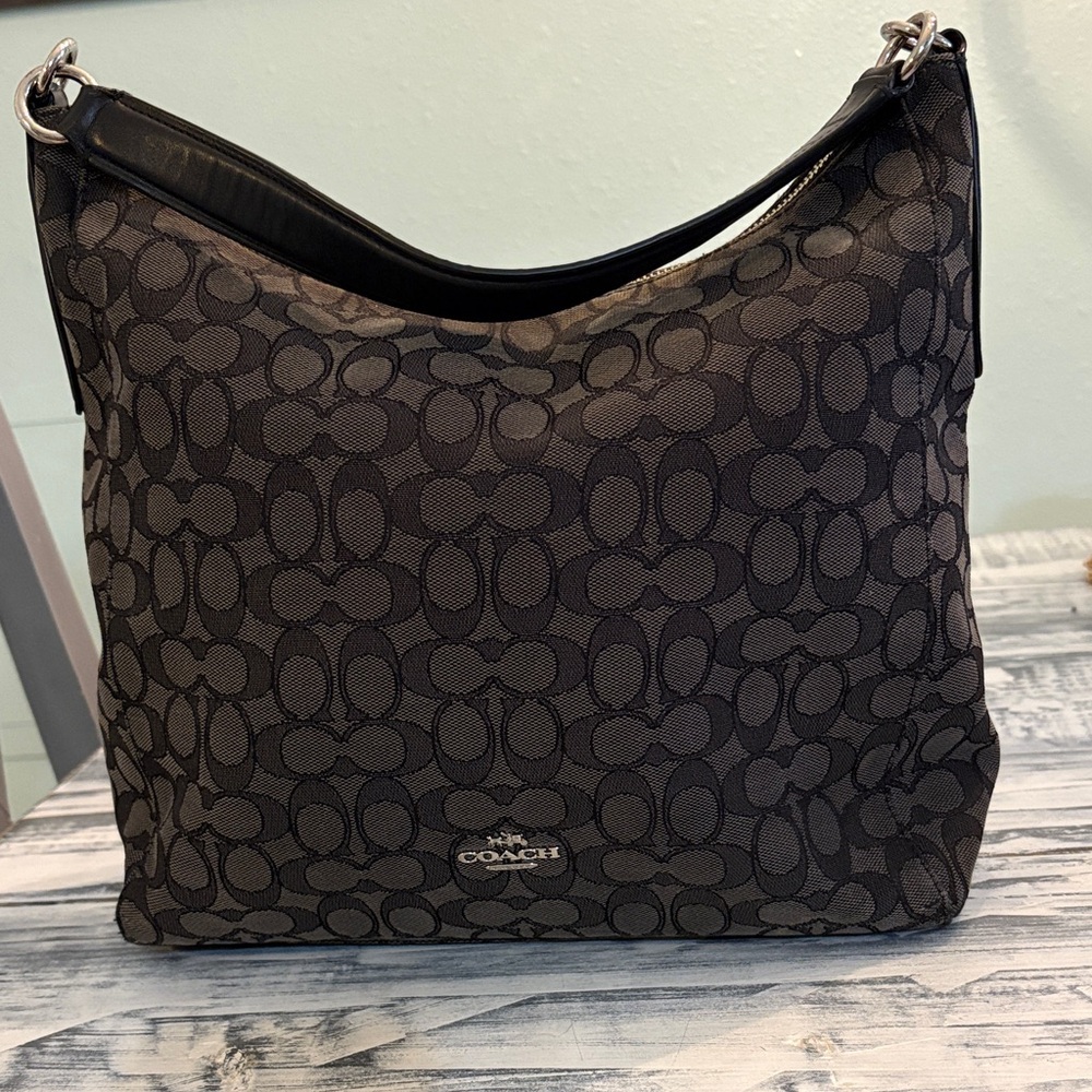 COACH Jacquard Leather Signature C Monogram Hobo Bag Shoulder Handbag BLACK GRAY